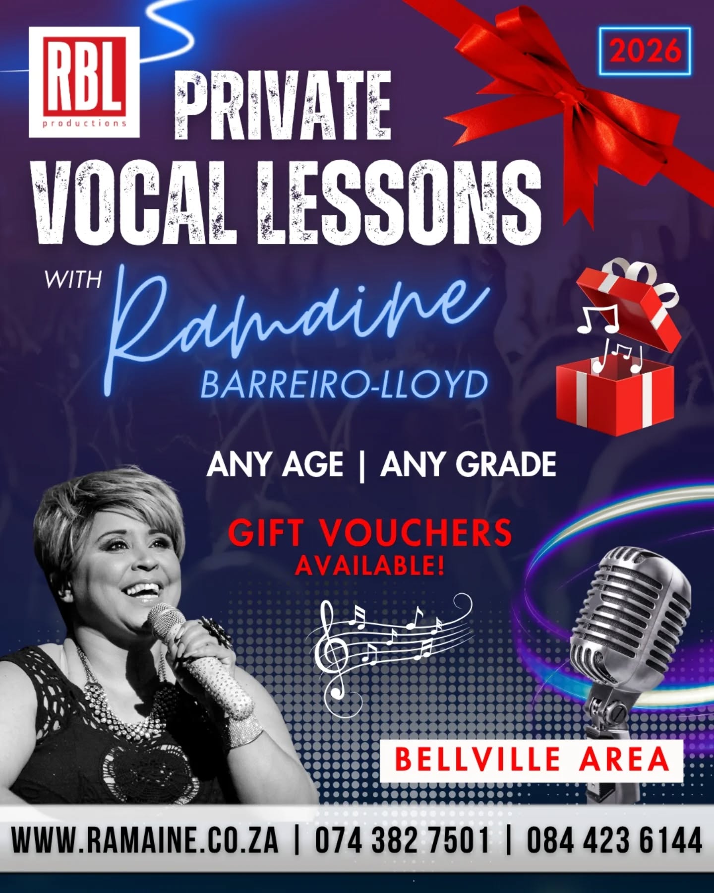 Looking for a gift that hits all the right notes? 🎶🎁 Do you know someone who lights up at karaoke, sings in the shower, dreams of performing, or simply loves music? Give them a gift they’ll truly remember! We often get requests, so here you go. Letting you know.

With Private Vocal Lessons with Ramaine Barreiro-Lloyd you can now purchase Gift Vouchers for vocal assessments and lesson packages - perfect for birthdays, celebrations, encouragement, or simply because it's lekker!

✅️ Suitable for any age | any grade
✅️ Personalised coaching in a welcoming environment
✅️ Build confidence, technique and performance skills
✅️ A meaningful experience instead of “just another gift”

Sometimes the best gifts aren’t things… they’re opportunities to discover your voice! 🎙

📍 Bellville Area
📞 074 382 7501 | 084 423 6144 
🌐 www.ramaine.co.za 

#RBL #VocalLessons #GiftOfMusic #Singing